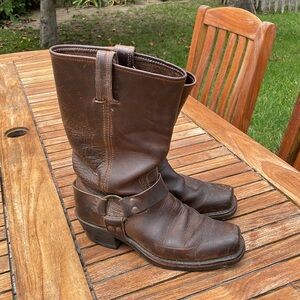 Frye Brown Leather Motorcycle Boots with Harness Detail